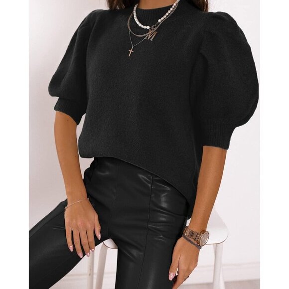 Women's Puff Sleeve Sweater Viscose Nylon Polyester Crew Neck Casual Top - Picture 3 of 5